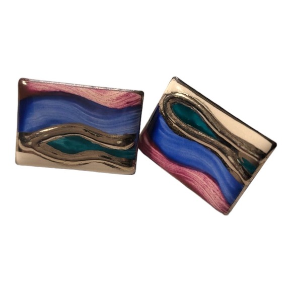 Unique Handcrafted Porcelain Rectangle Hand Painted and Fired Pieced Earrings - Picture 2 of 5